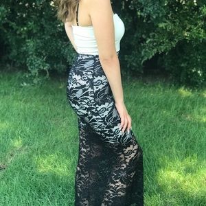 white long dress with black lace